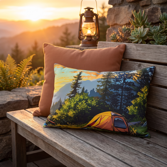 Sunset Mountain Retreat outdoor lumbar pillow styled in a sunlit outdoor setting