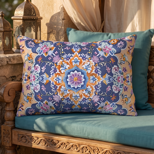 Sultan's Splendor outdoor lumbar pillow styled in a sunlit outdoor setting