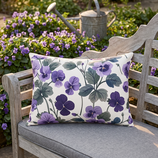 Purple Violets outdoor lumbar pillow styled in a sunlit outdoor setting