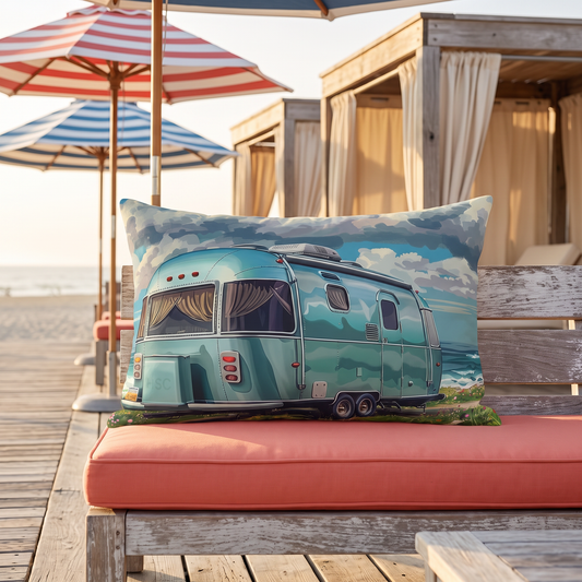 Retro Beach Bliss outdoor lumbar pillow styled in a sunlit outdoor setting