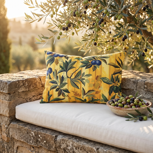 Olives & Sunshine Delight outdoor lumbar pillow styled in a sunlit outdoor setting