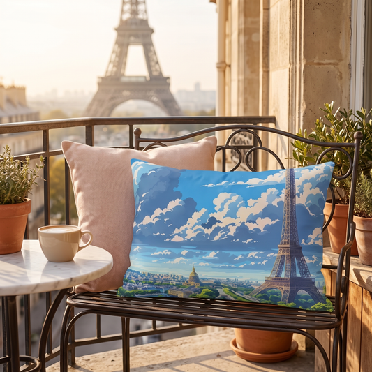 Parisian Eiffel Tower Dreamscape outdoor lumbar pillow styled in a sunlit outdoor setting