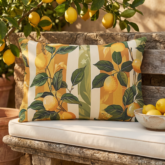 Lemon Grove Elegance outdoor lumbar pillow styled in a sunlit outdoor setting