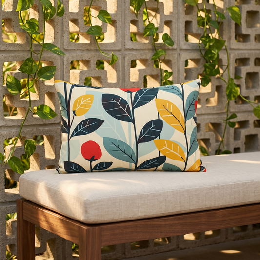 Midcentury Vines outdoor lumbar pillow styled in a sunlit outdoor setting