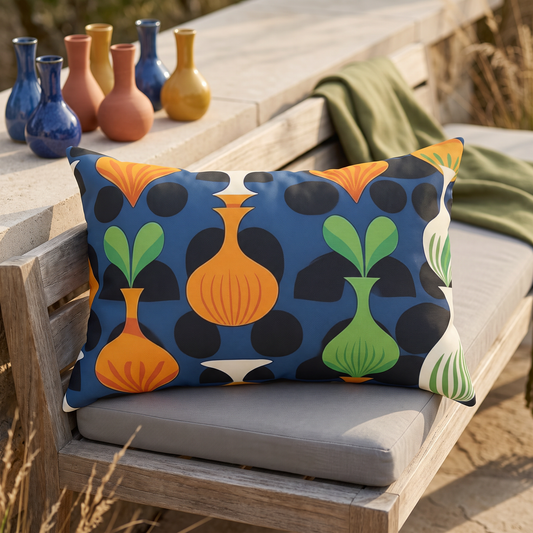 Mod Floating Vases outdoor lumbar pillow styled in a sunlit outdoor setting