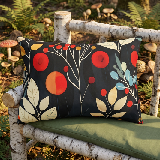 Retro Woodland Whispers outdoor lumbar pillow styled in a sunlit outdoor setting