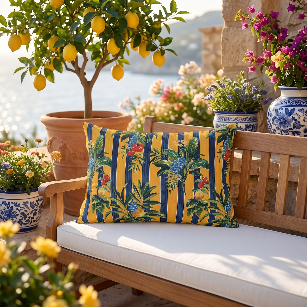 Riviera Fruitscape lumbar outdoor pillow styled in a sunlit outdoor setting