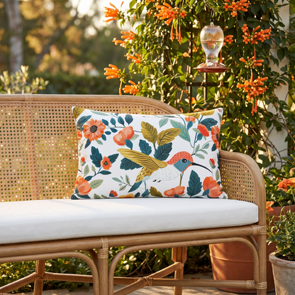 Hummingbird Harmony lumbar outdoor pillow styled in a sunlit outdoor setting