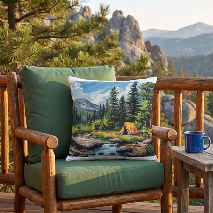 High Sierras Camp square outdoor pillow styled on a log cabin deck