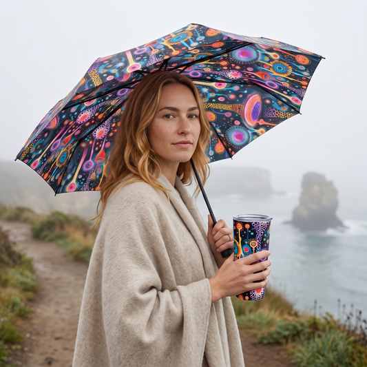 A young woman with honey-blonde hair on a misty cliff path holds the Surreal Seascape Forest umbrella and matching travel tumbler at true size