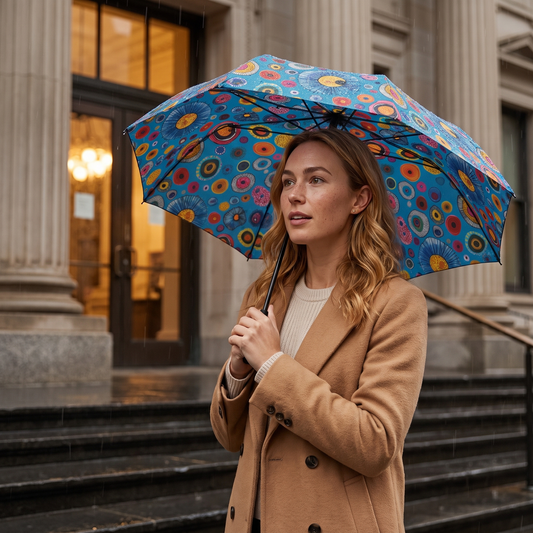 A young woman with honey-blonde hair pauses on rainy museum steps under the open Primordial Sea Life umbrella