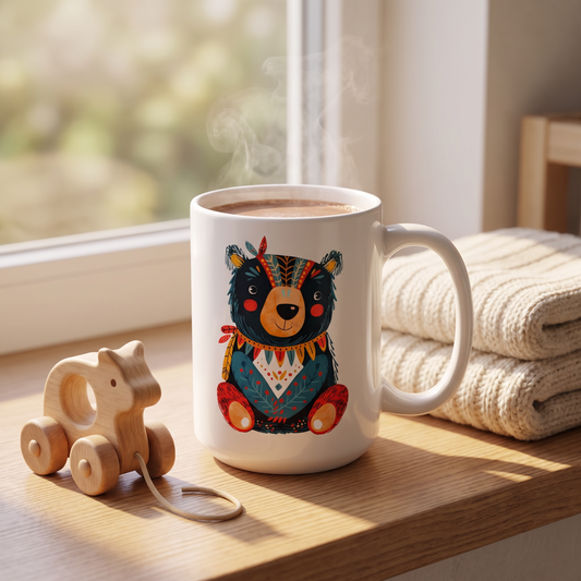 Baby Bear ceramic mug on a sunlit nursery windowsill with steaming cocoa, knit blanket, and wooden pull-toy