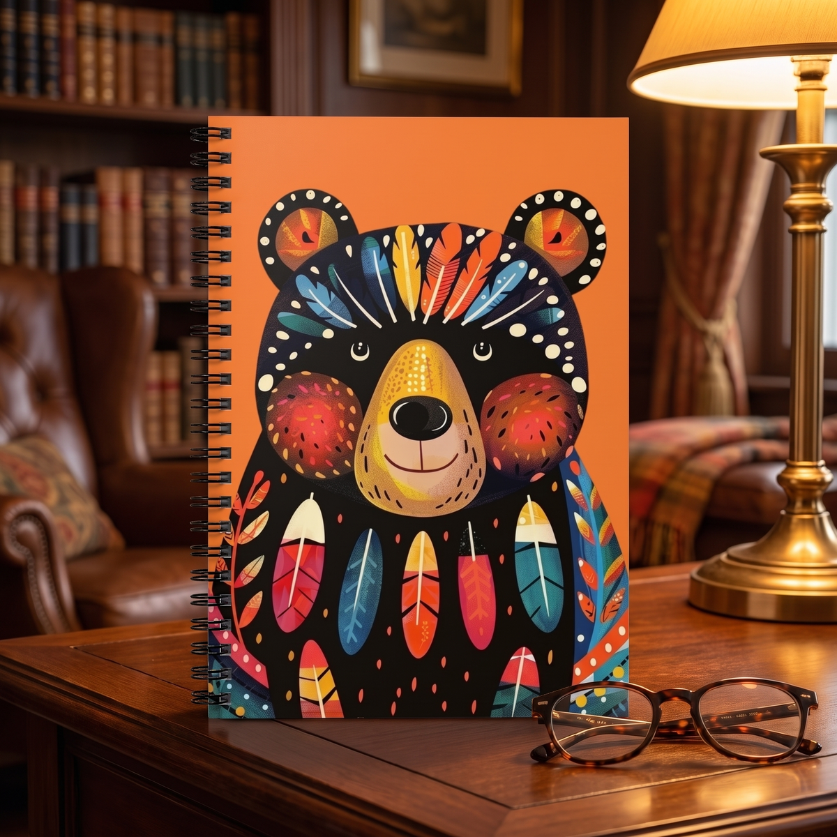 Papa Bear spiral notebook standing on a study desk beside reading glasses and a brass lamp in warm den light