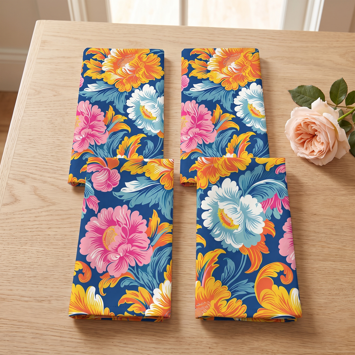 Chintz Charm dinner napkins, set of four, folded in elongated rectangles in two rows on pale oak with a garden rose