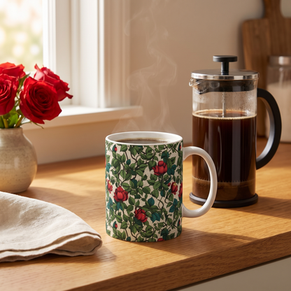 Classic Red Rose & Vine ceramic mug steaming on a sunlit oak kitchen counter beside a French press and fresh red roses