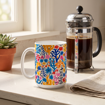 Coral Bloom Harmony ceramic mug on a bright kitchen counter beside a French press and a small succulent