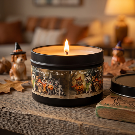 We're Having a Barking Good Halloween! Tin Candle — lifestyle scene
