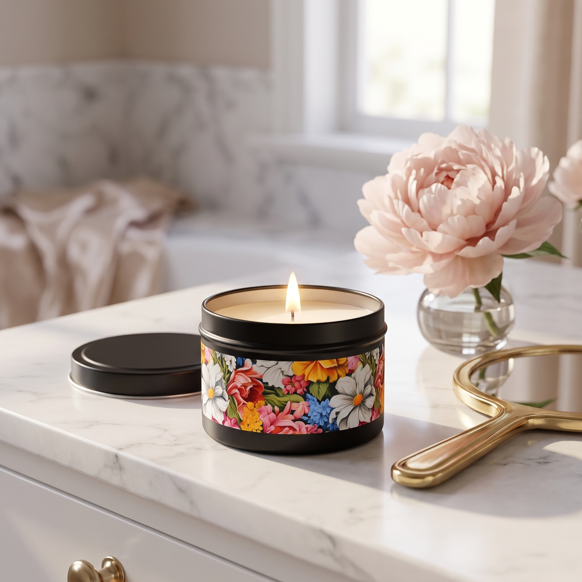 Chic Floral Tin Candle — lifestyle scene