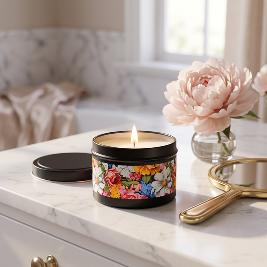 Chic Floral Tin Candle — lifestyle scene