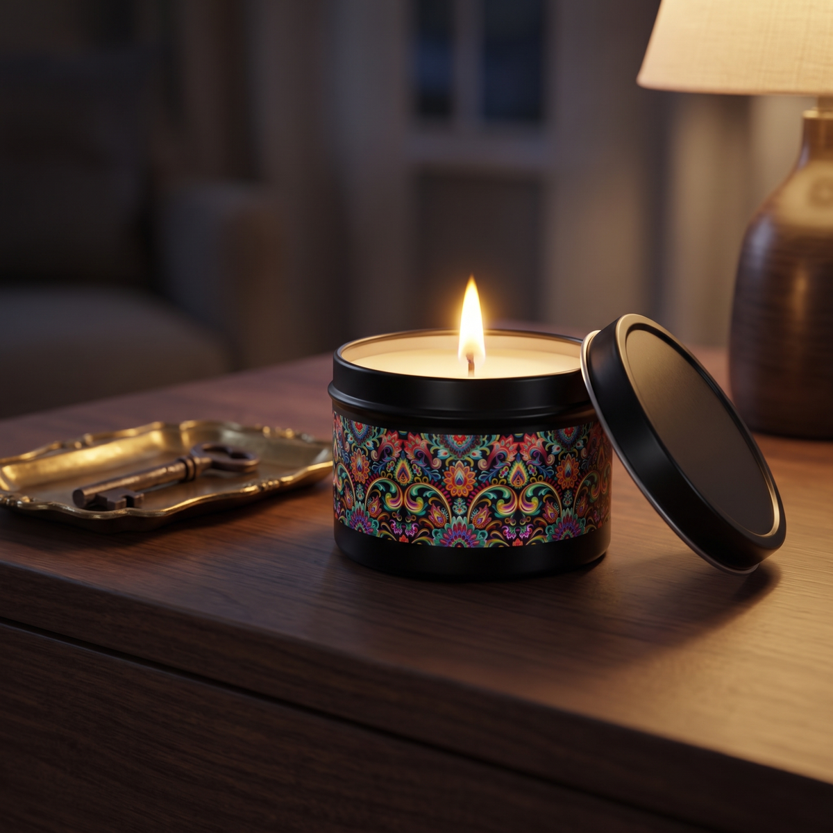 Electric Damask Tin Candle — lifestyle scene