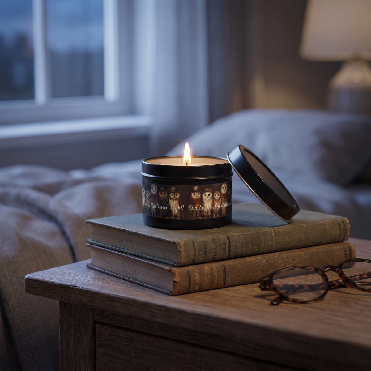 Owl See You on Halloween Night! Tin Candle — lifestyle scene