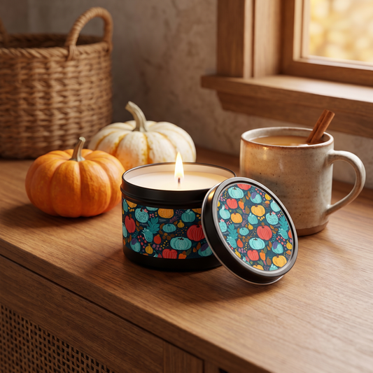 Fall Pumpkin Dance Tin Candle — lifestyle scene