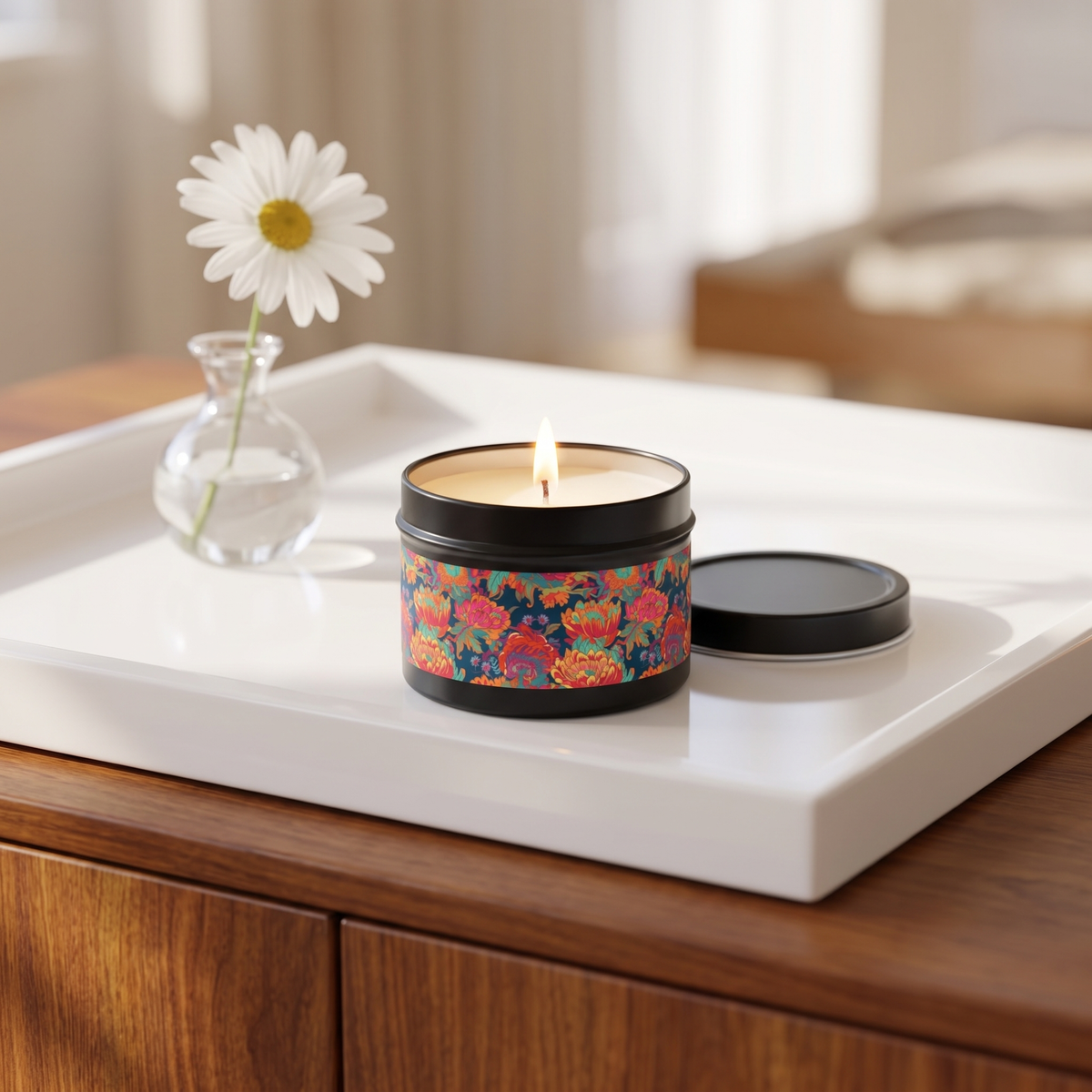 Psychedelic Flower Power Tin Candle — lifestyle scene