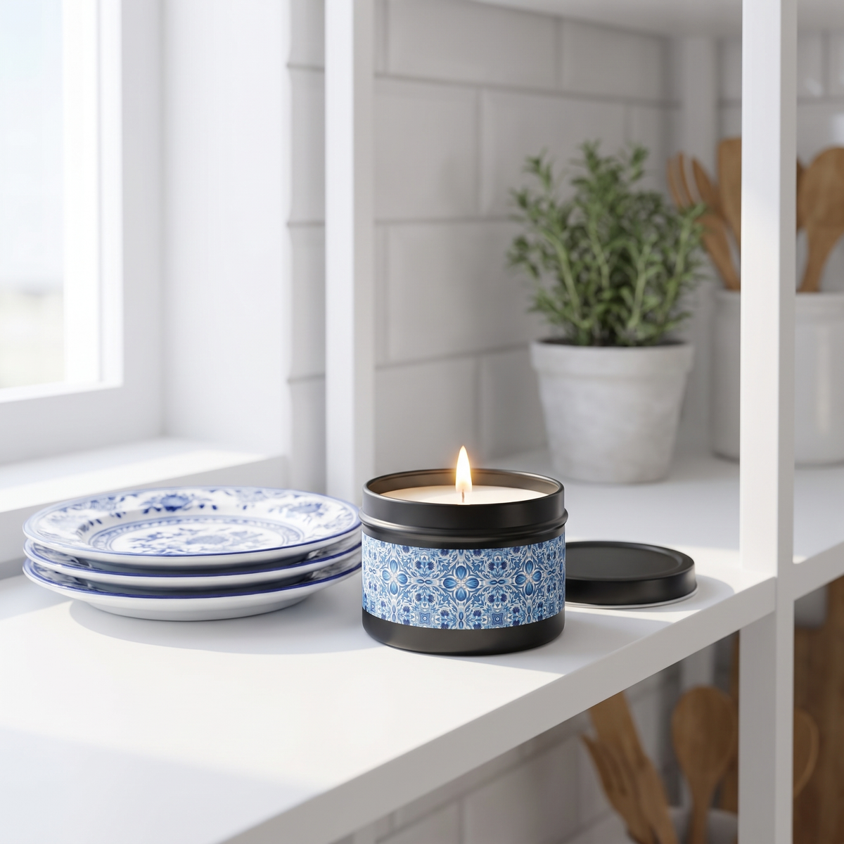 Dutch Blue Tile Tin Candle — lifestyle scene