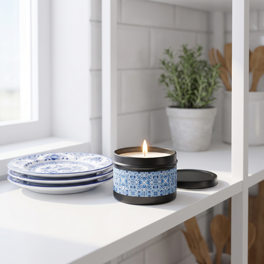 Dutch Blue Tile Tin Candle — lifestyle scene