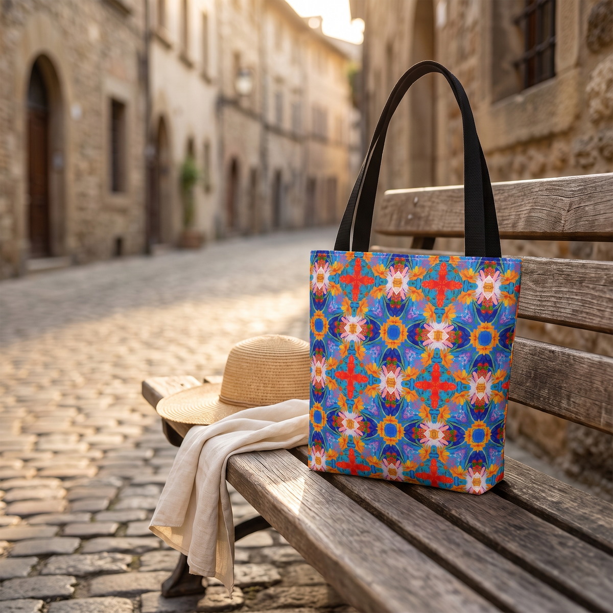 Floral Tapestry Wanderlust Tote Bag on a wooden bench in a cobbled European lane at golden hour