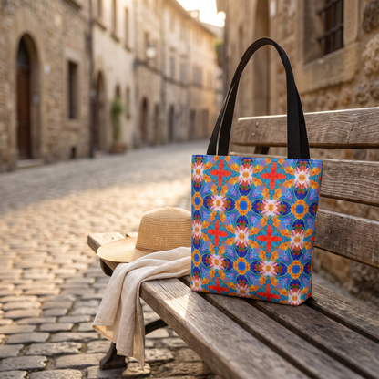 Floral Tapestry Wanderlust Tote Bag on a wooden bench in a cobbled European lane at golden hour