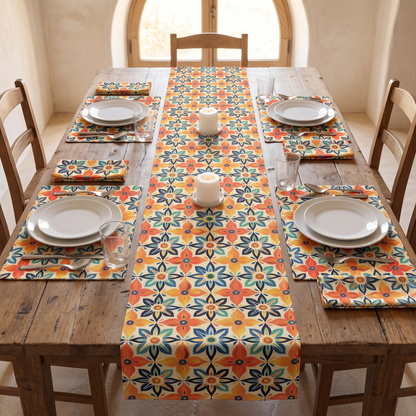 Mediterranean Tile Blossom Table Runner down the center of a wooden table set for four with matching placemats and napkins