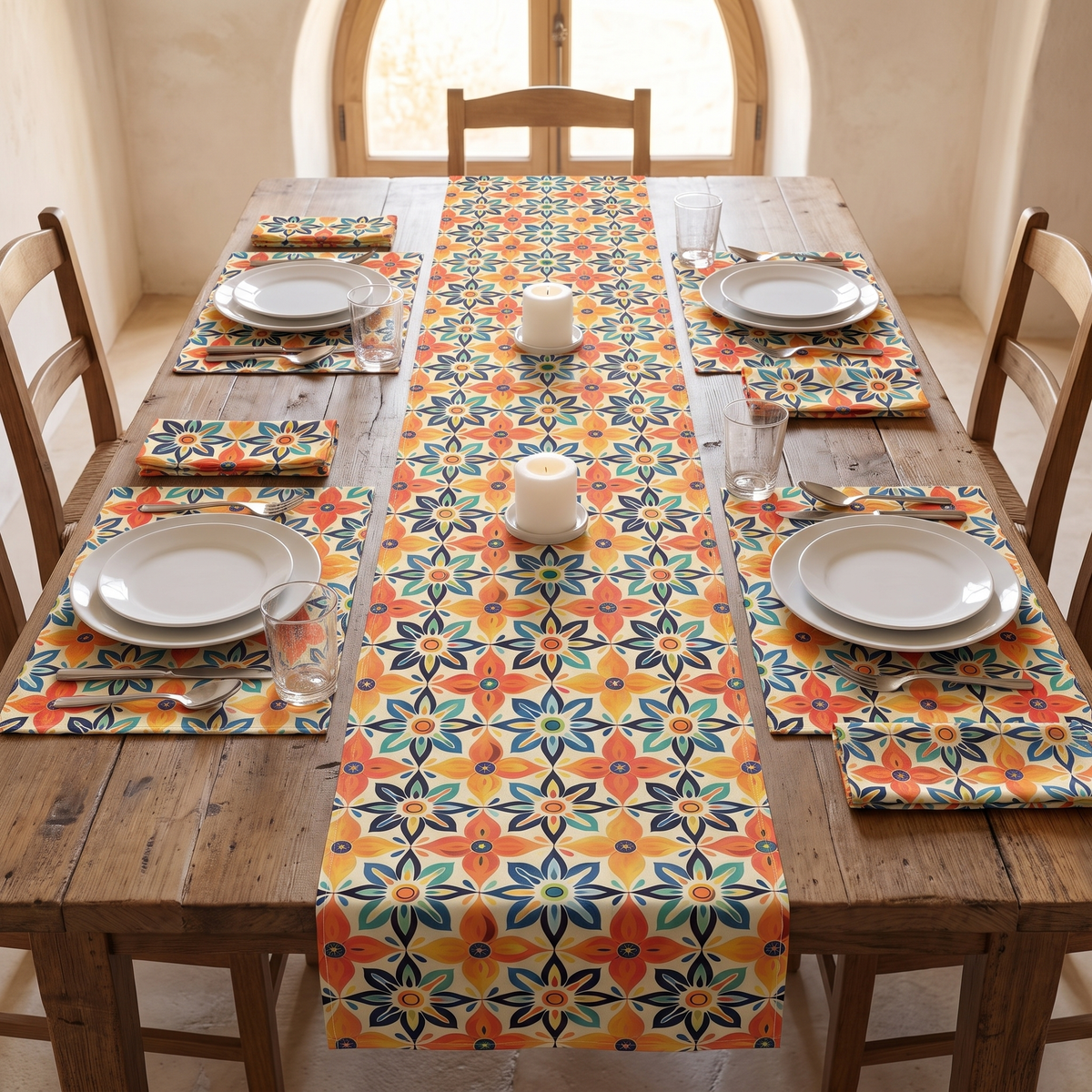 Mediterranean Tile Blossom napkins on a table set for four with the matching table runner and placemats