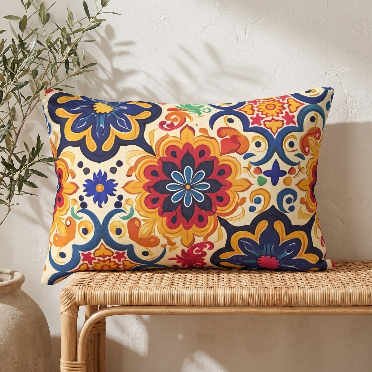 Moorish Mosaic Majesty Lumbar Pillow on a rattan bench against a warm white plaster wall with an olive branch