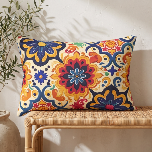 Moorish Mosaic Majesty Lumbar Pillow on a rattan bench against a warm white plaster wall with an olive branch