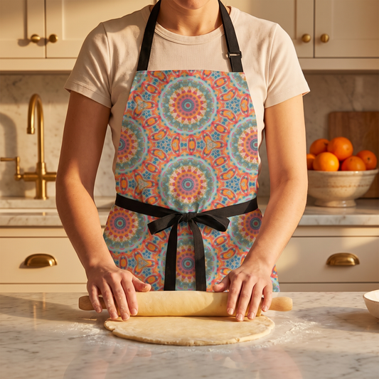 Golden Elegance Adult Apron worn while rolling pastry in a warm kitchen, mandala print in marigold, teal and coral