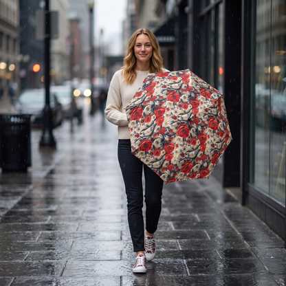 3D Rose Trellis foldable umbrella held open on a rainy city sidewalk, with the matching rose trellis low-top sneakers