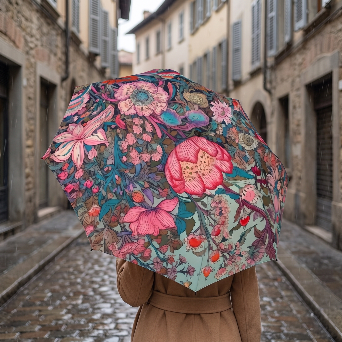Young woman with warm honey-blonde waves seen from behind on a European cobbled lane, holding the European Wildflowers umbrella open in light rain