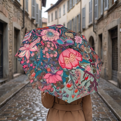 Young woman with warm honey-blonde waves seen from behind on a European cobbled lane, holding the European Wildflowers umbrella open in light rain