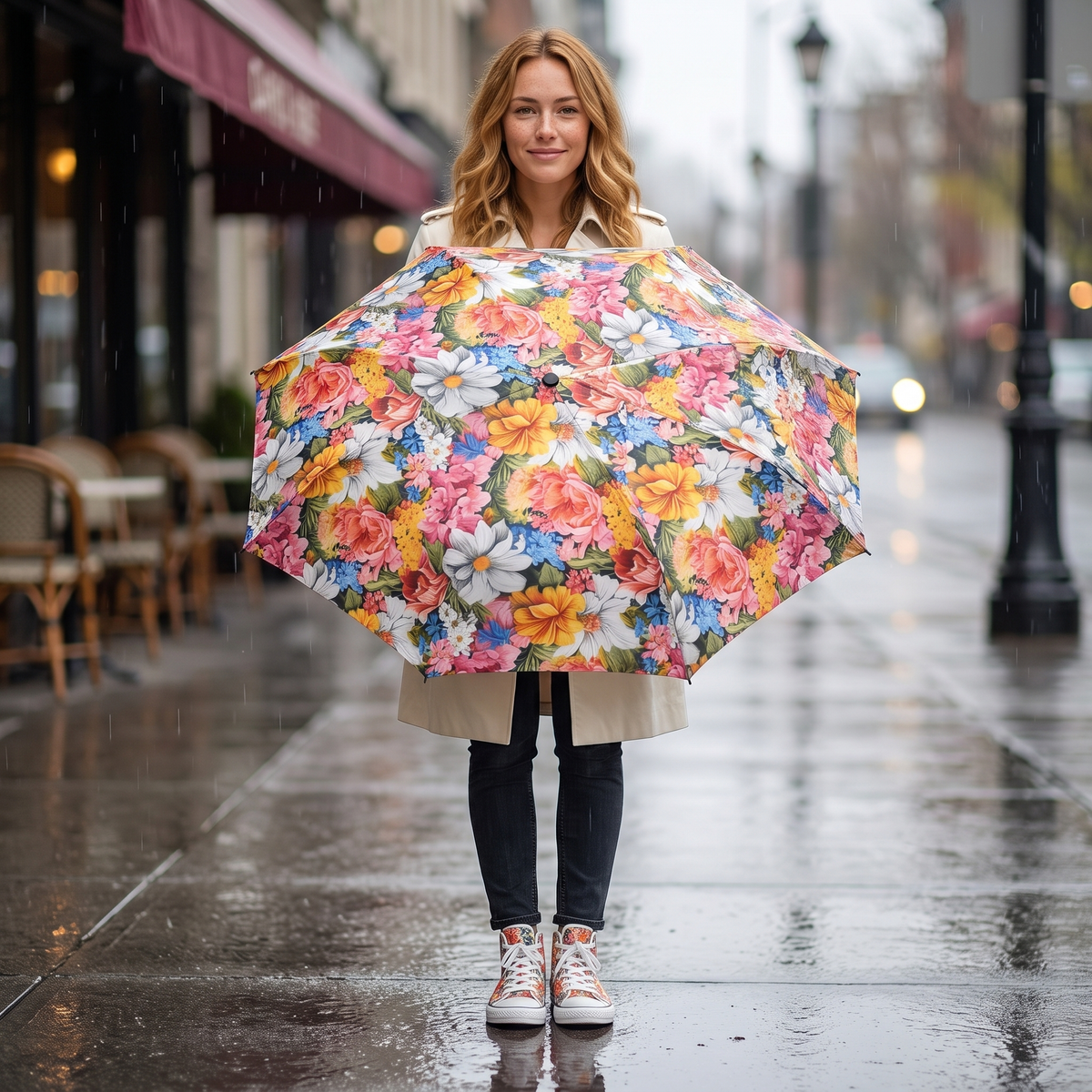Young woman with warm honey-blonde waves holds the Chic Floral umbrella open on a rainy street, wearing the matching Chic Floral high-top sneakers