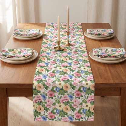 The matching Pastel Garden Elegance table runner styled on a dining table for four