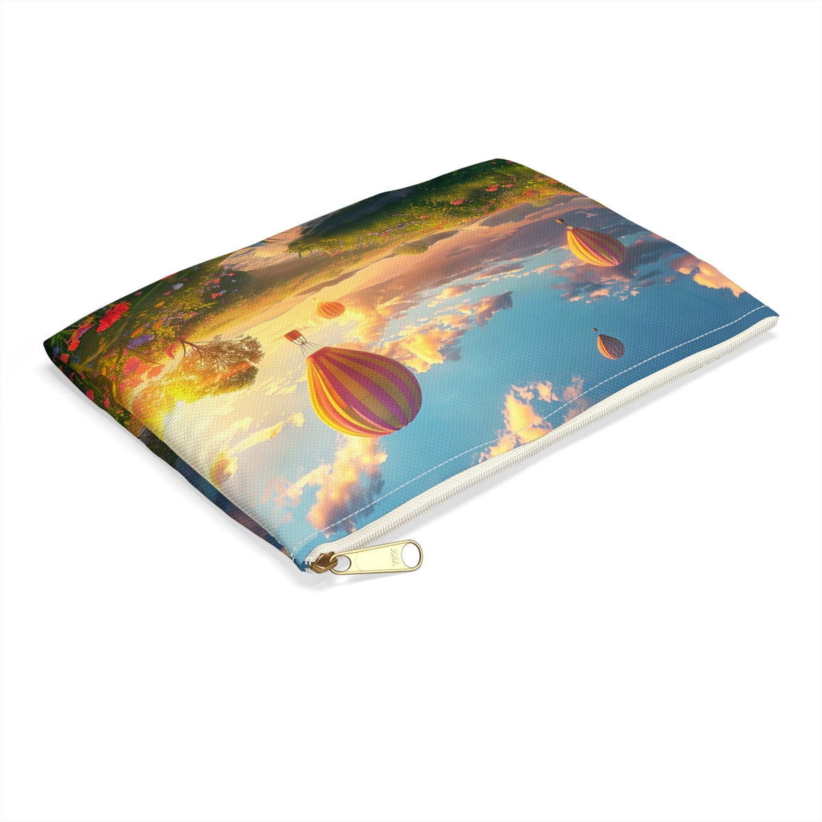Hot Air Balloons at Sunrise Accessory Pouch - side view, laying flat