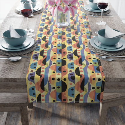 Linear Color Mesa table runner running the length of a farmhouse table, straight-on view