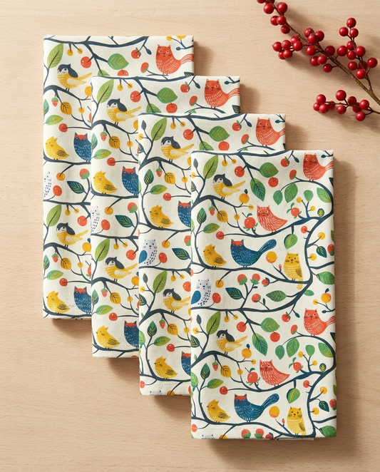 Catbird Tree dinner napkins, set of four, elongated fold