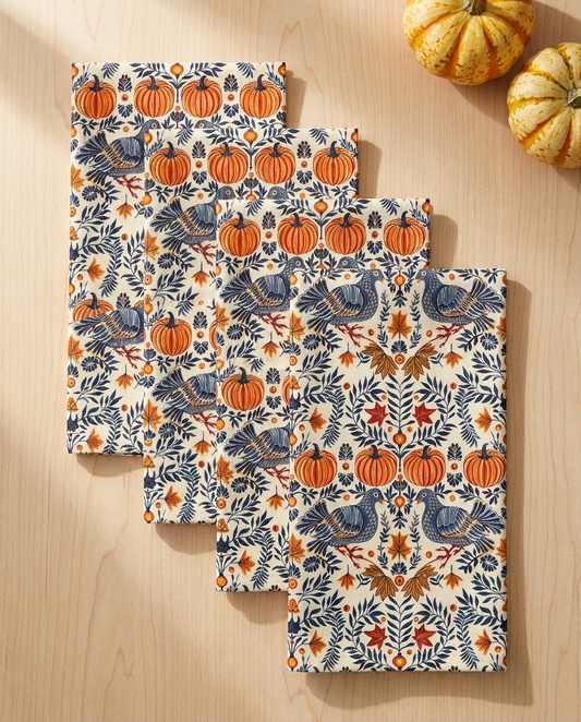 Autumn Harvest Woodcut dinner napkins, set of four, elongated fold
