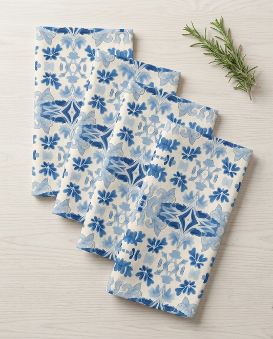 Blue Spanish Tile dinner napkins, set of four, elongated fold