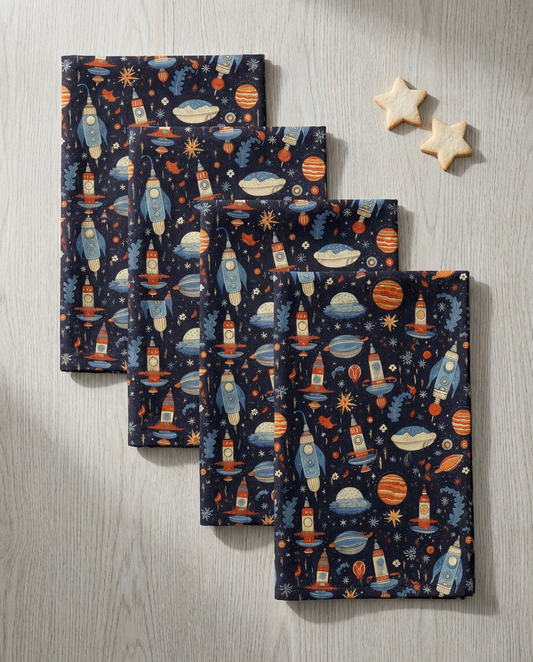Galactic Space Rocket Romp dinner napkins, set of four, elongated fold