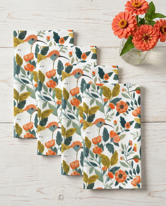 Hummingbird Harmony dinner napkins, set of four, elongated fold