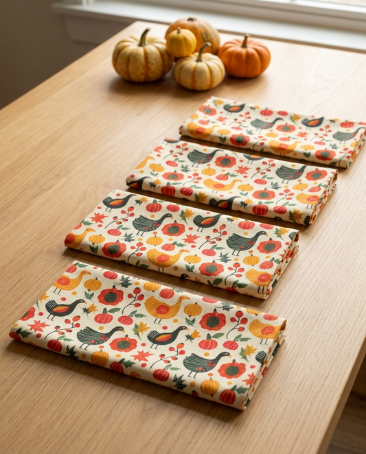 Turkey Trot Harvest dinner napkins, set of four, elongated fold