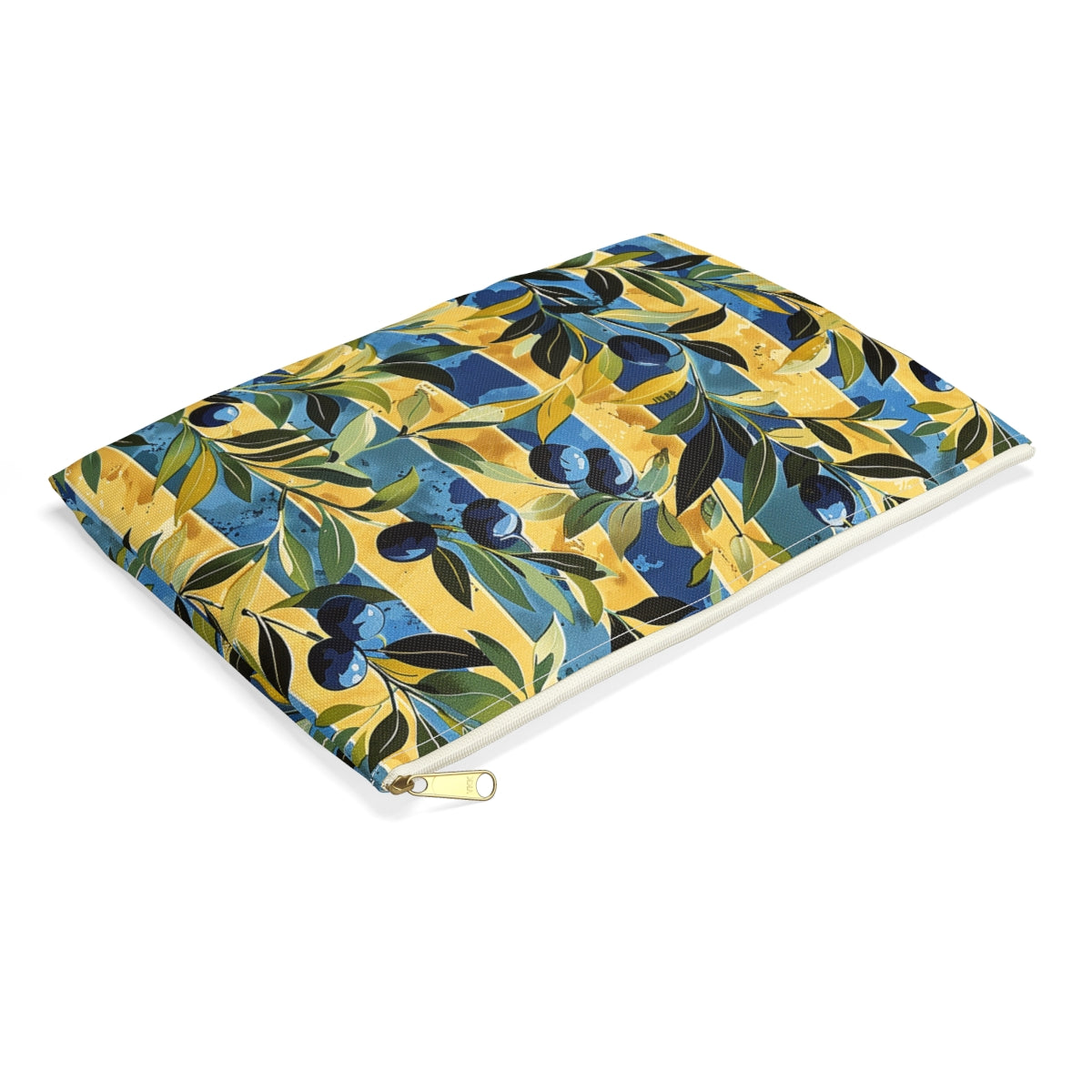 Olive Orchard Stripes Accessory Pouch - side view, laying flat